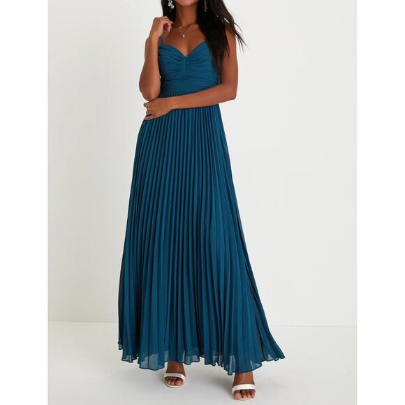 Lulus Sensational Charmer Teal Blue Pleated Sleeveless Maxi Dress Wedding Size M - Picture 3 of 16